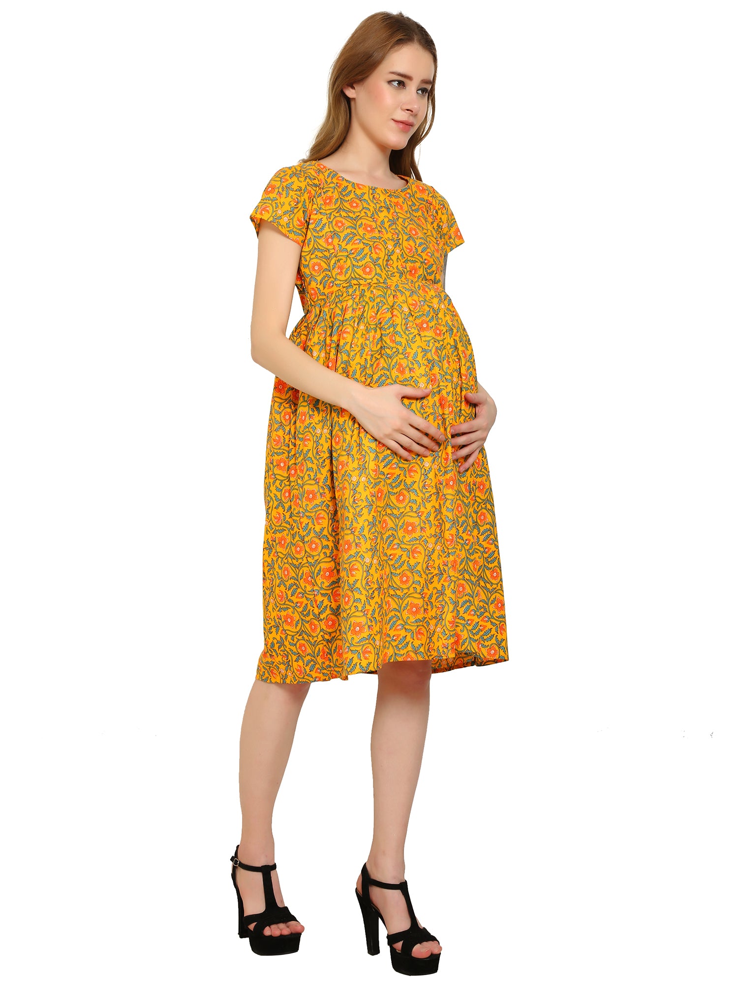 Yellow-Floral-Fit-Flare-Cotton-Maternity-Feeding-Dress