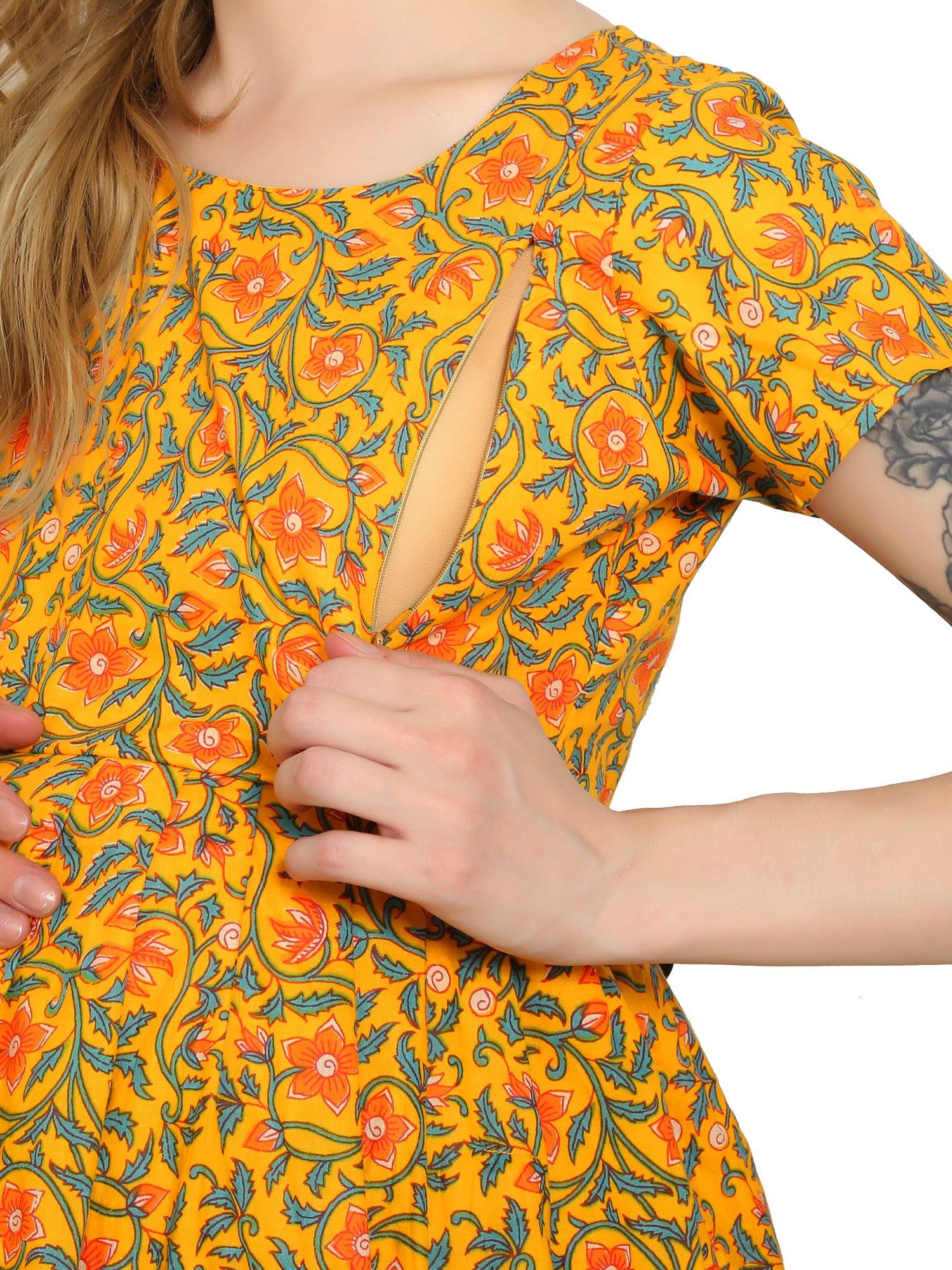 Yellow-Floral-Fit-Flare-Cotton-Maternity-Feeding-Dress