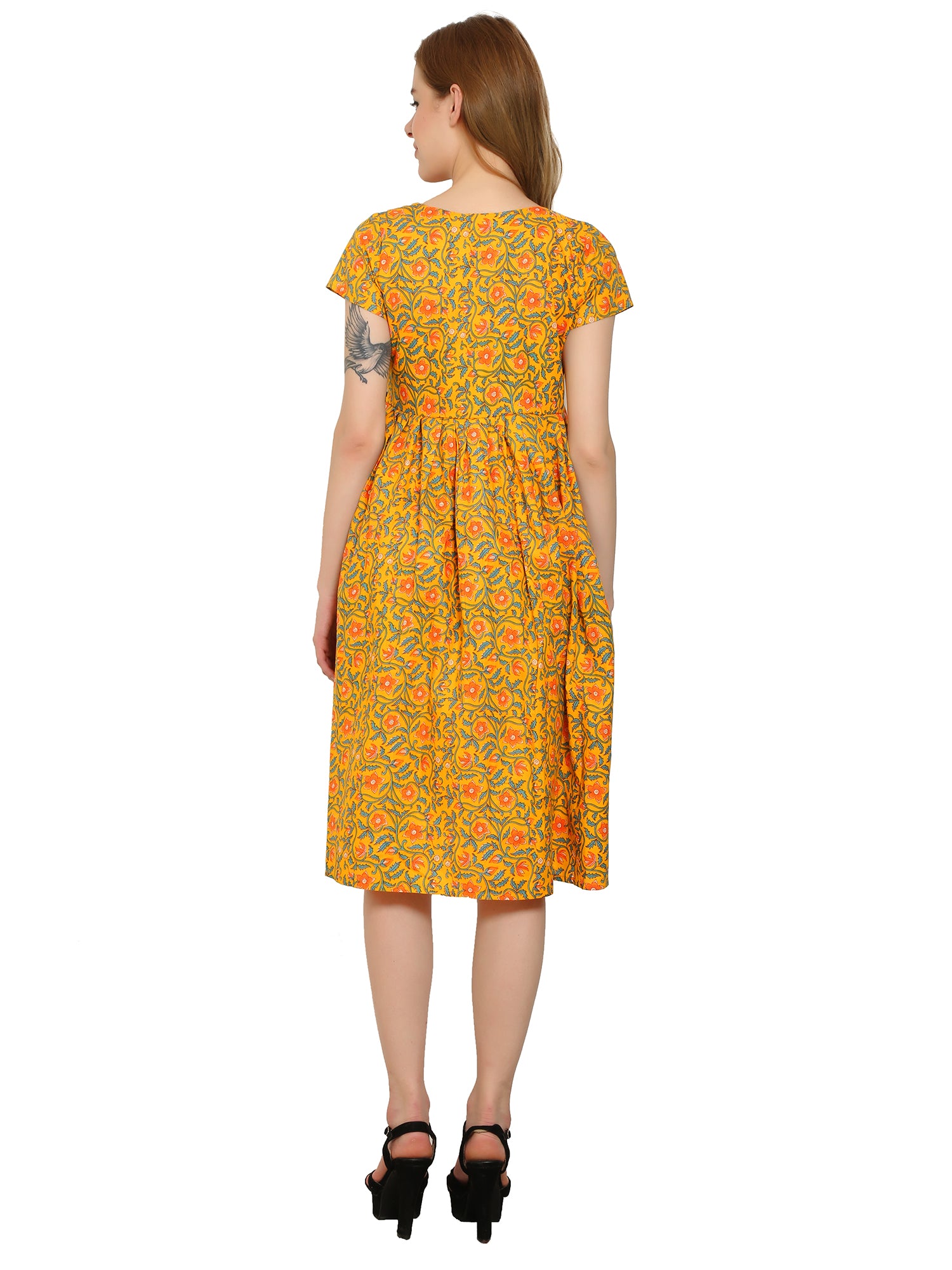 Yellow-Floral-Fit-Flare-Cotton-Maternity-Feeding-Dress